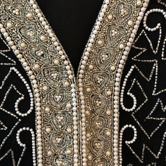 Laurence Kazar Sz XL Vintage Heavy Black Silver Beaded & Sequined Mafia Vibe Top - Picture 6 of 8